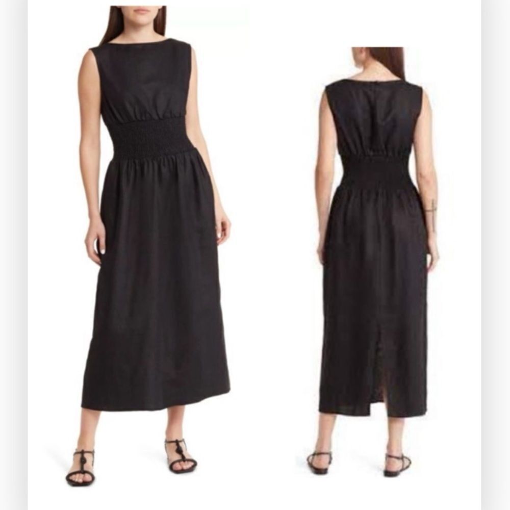 NWT REFORMATION Davie Smocked Waist Linen Dress in Black 2 $248